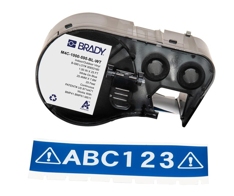 Brady ملصقات فينيل أصلية (M4C-1000-595-BL-WT) لجميع الأحوال الجوية 1 بوصة عرض × 25 قدم أبيض على أزرق. للاستخدام مع طابعات الملصقات BMP41 و BMP51 و M410 و M510 و M511. - Image 1